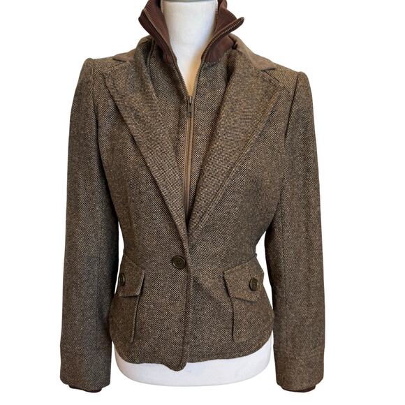 Renaur Collection Tweed Blazer Sz 6 Brown Wool Blend Zipper Collar Patches - Picture 1 of 11